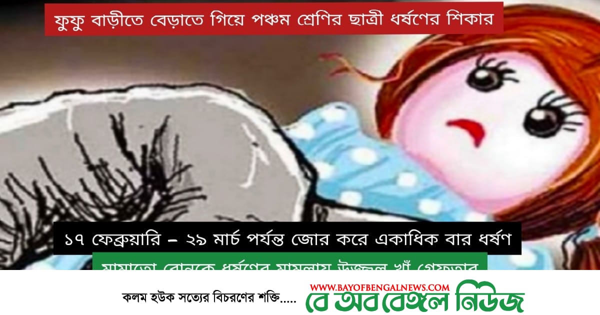 ফুফু বাড়ীতে বেড়াতে গিয়ে পঞ্চম শ্রেণির ছাত্রী মামাতো বোন ধর্ষণের শিকার | যুবক গ্রেফতার